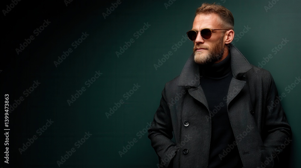 Fototapeta premium Confident adult man posing in stylish coat against dark background