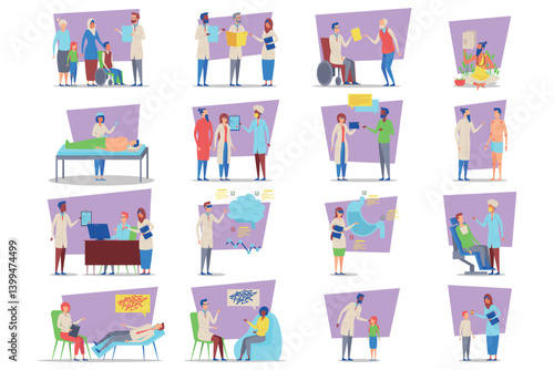 Various doctors engaged in different medical activities, such as consultations, treatments, and patient interactions. Healthcare professionals in action concept