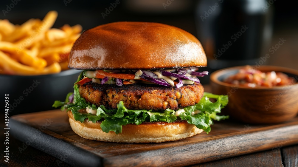 A delicious plant-based burger with a chickpea patty, served with a side of coleslaw, A delicious plant-based burger with a chickpea patty, served with a side of coleslaw,