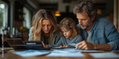 Concerned family of three reviewing finances together at home