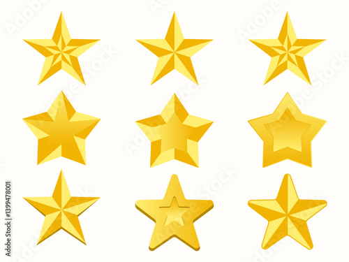 Golden star isolated. Christmas stars of various shapes. Realistic 3d metallic golden design element
