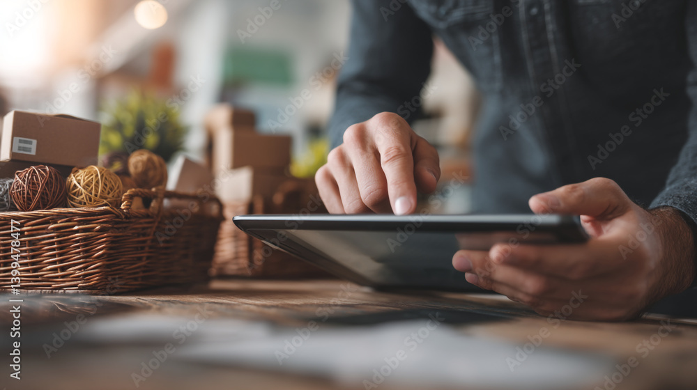 Man using tablet with boxes and decorative balls in the background on a wooden surface indoors Man using tablet with boxes and decorative balls in the background on a wooden surface indoors