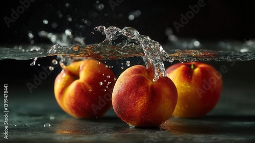 Refreshing peaches splashing in water against dark background