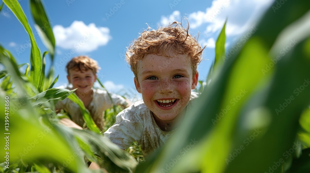 Two joyful children playfully exploring a lush maize field under a bright blue sky, embodying the spirit of childhood and outdoor adventure. Two joyful children playfully exploring a lush maize field under a bright blue sky, embodying the spirit of childhood and outdoor adventure.
