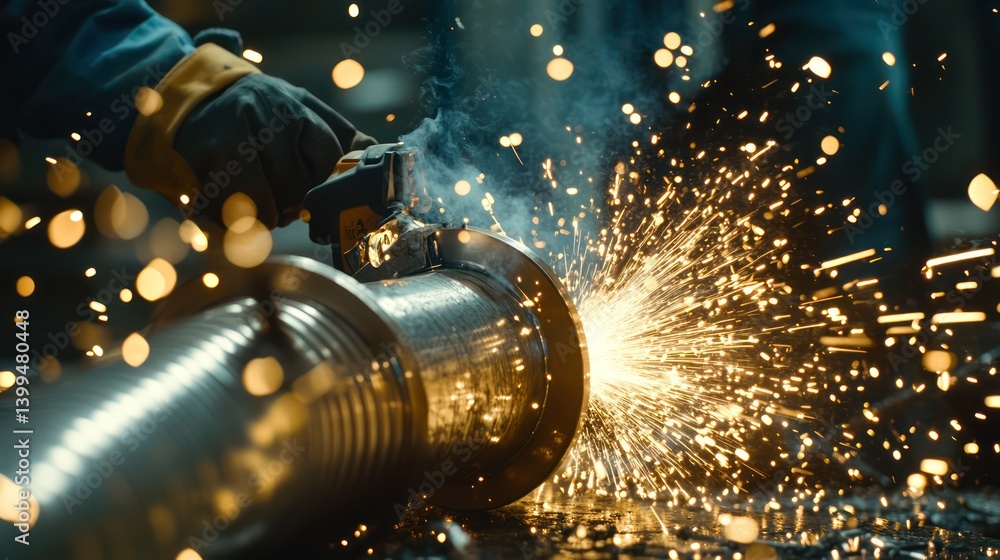 Close-up of sparks flying as an electrician cuts through a thick metal conduit, using a rotary power tool in a Close-up of sparks flying as an electrician cuts through a thick metal conduit, using a rotary power tool in a