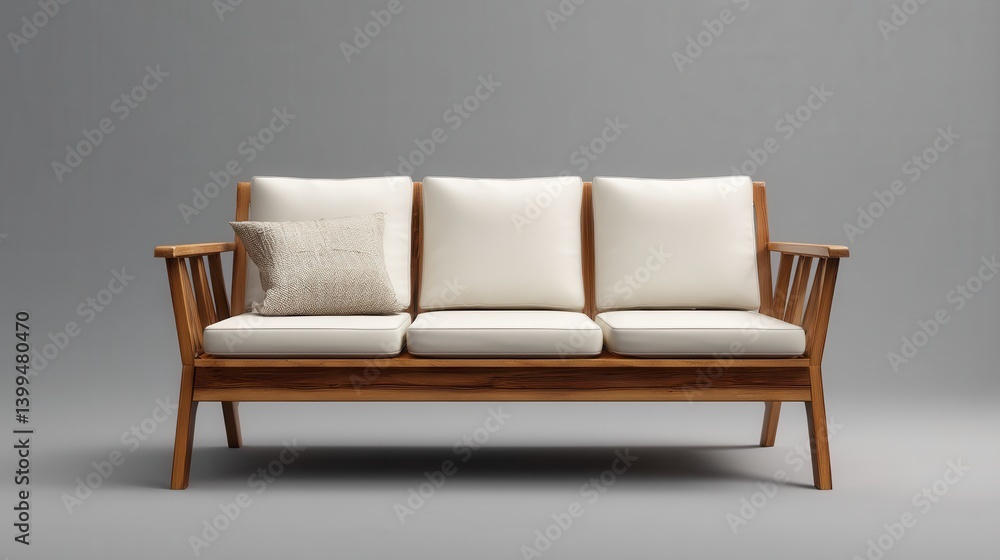 Fototapeta premium Elegant Scandinavian-style wooden sofa with white cushions in studio