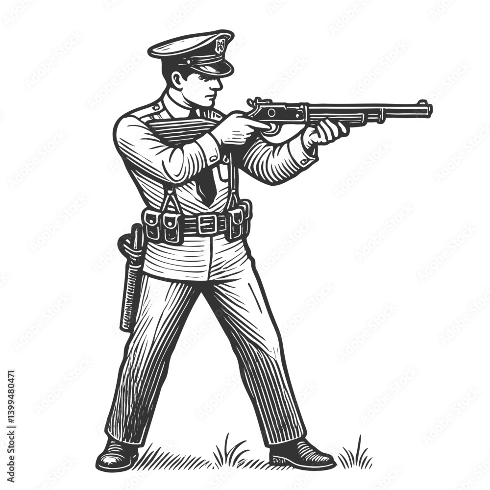 uniformed police officer in a shooting stance, aiming a rifle with detailed gear and formal attire sketch engraving generative ai vector illustration. Scratch board imitation. Black and white image. uniformed police officer in a shooting stance, aiming a rifle with detailed gear and formal attire sketch engraving generative ai vector illustration. Scratch board imitation. Black and white image.