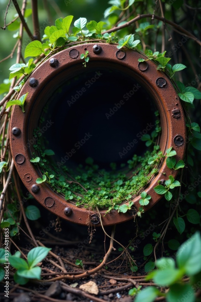 Rusty industrial pipe under a tangled mess of vines and branches, overgrowth, industrial decay, nature Rusty industrial pipe under a tangled mess of vines and branches, overgrowth, industrial decay, nature