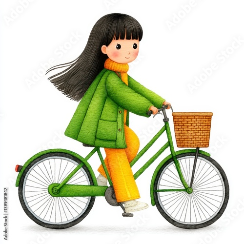 Young Girl in Green Coat Riding a Green Bicycle with Wicker Basket