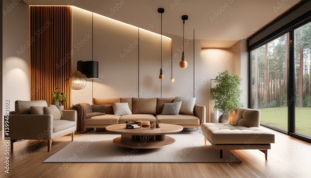 Fototapeta premium Sleek contemporary living space with a plush sofa and warm wood accents