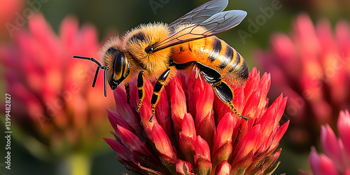 A bee with striped body on a red flower capturing pollen with its legs and its wings visible