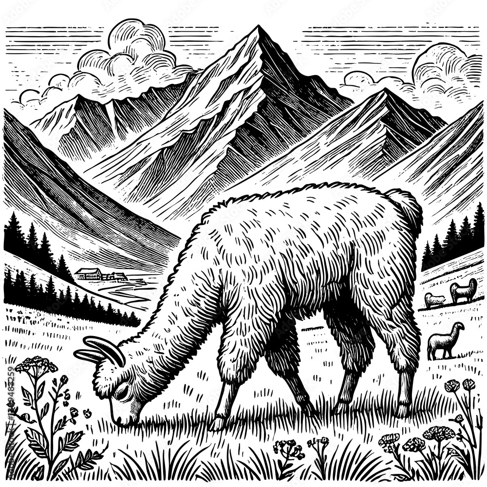 Obraz premium llama grazing in a high-altitude mountain valley, surrounded by rugged peaks and natural vegetation, engraved, woodcut style sketch engraving generative ai PNG. Scratch board. Black and white.