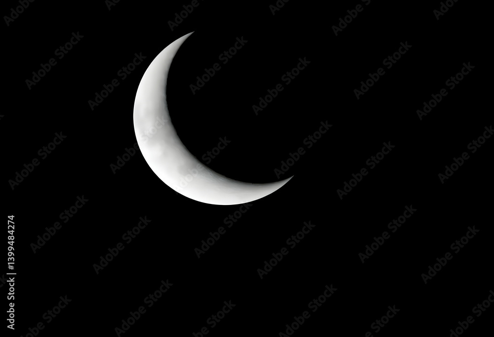 High Contrast Black and White Photo of Waxing Crescent Moon in Night Sky with Visible Craters and Detailed Lunar Surface High Contrast Black and White Photo of Waxing Crescent Moon in Night Sky with Visible Craters and Detailed Lunar Surface