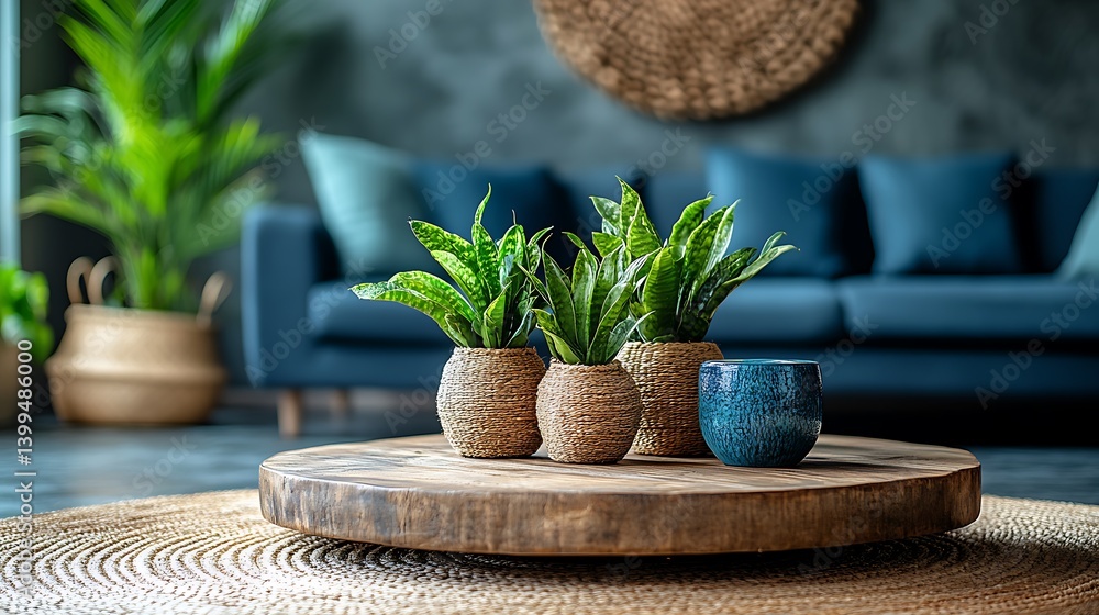 Interior Decor with Potted Plants, a Wooden Coffee Table, and a Blue Couch in a Neutral-Toned Living Room.