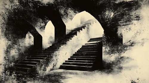 Mysterious Stone Staircase in Dark Gothic Crypt.