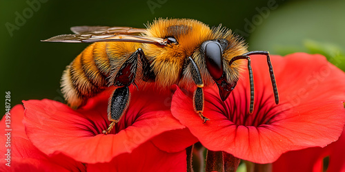 A fuzzy bee perches atop vibrant red petals contrasting against a blurred green backdrop