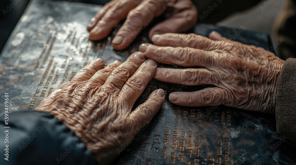 Fototapeta premium Two old people are touching each other's hands on a table