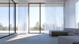 Full-length windows with sheer and blackout electric curtains layered together