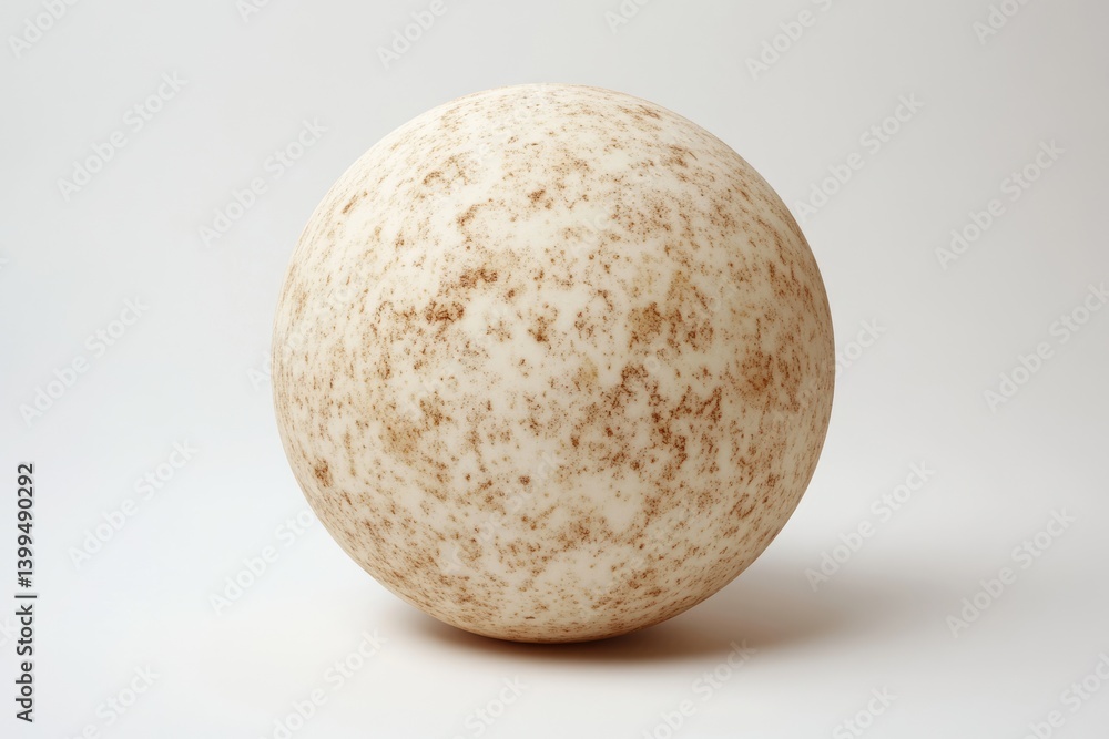 A large, speckled egg with a creamy white shell and brown spots rests on a plain white background. A large, speckled egg with a creamy white shell and brown spots rests on a plain white background.