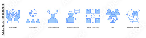 Market Positioning Strategies Icon sheet style outline vector target market, segmentation, customer behavior, recommendation, market positioning, crm, marketing strategy