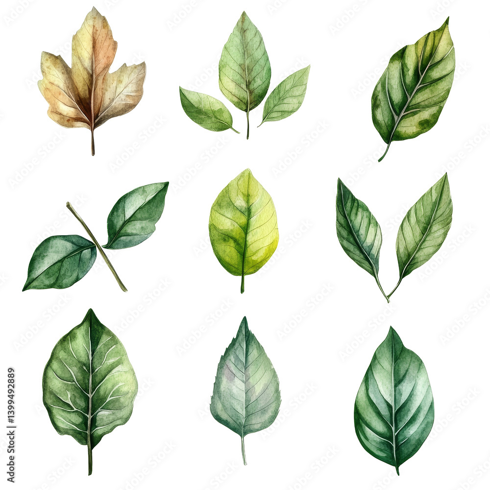 Fototapeta premium A vibrant collection of watercolor leaves showcasing diverse shapes and colors against a clean transparent background, perfect for natureinspired art, beef on leaves top view isolated on transparent