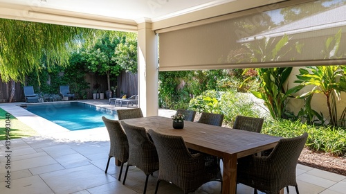 Outdoor dining area with sheer roller blinds creating a shaded, breezy atmosphere