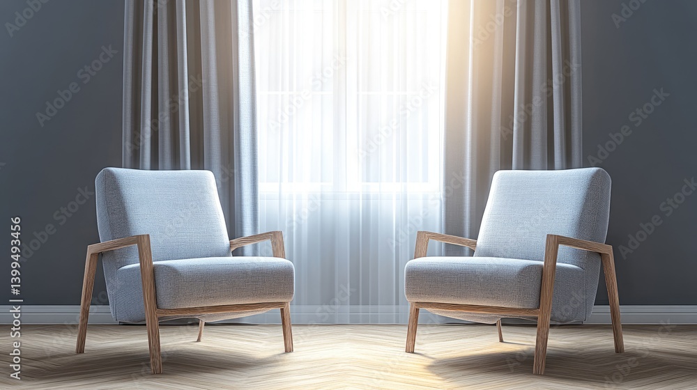 Pair of motorized curtains opening from center in elegant home setting Pair of motorized curtains opening from center in elegant home setting