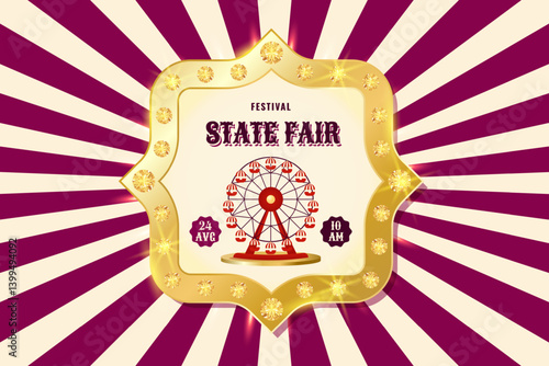 Vintage festival state fair horizontal banner with golden frame. Retro background for events, festival, carnival, party, performance and more. Vector illustration