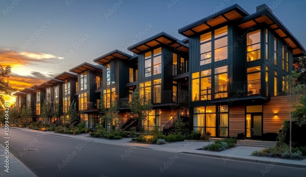 Modern townhomes at sunset, sleek architecture, illuminated windows, tranquil urban setting Modern townhomes at sunset, sleek architecture, illuminated windows, tranquil urban setting