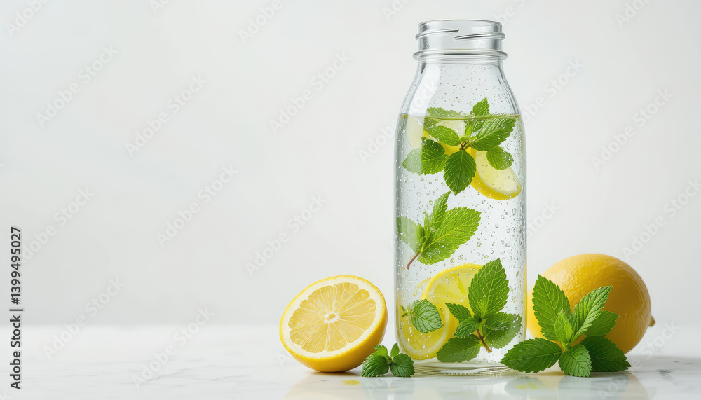 Refreshing lemon water with mint leaves in glass bottle Refreshing lemon water with mint leaves in glass bottle