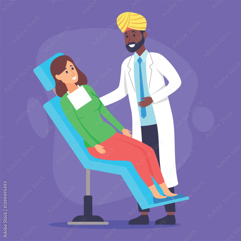 Doctor in white coat greeting patient sitting on dental chair. Doctor showing friendly demeanor while patient looking calm and comfortable in clinic