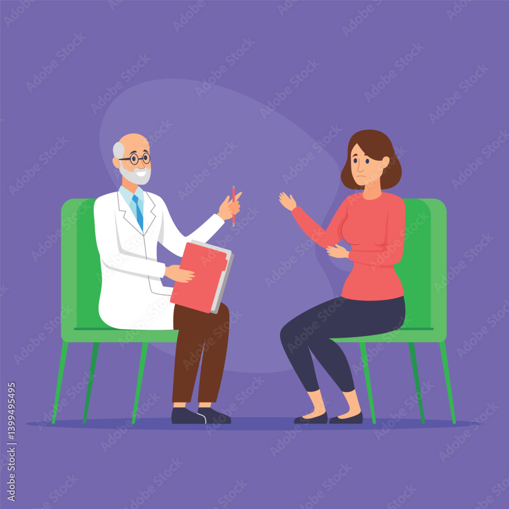 Doctor engaged in conversation with patient, holding file and gesturing, while patient listening attentively Doctor engaged in conversation with patient, holding file and gesturing, while patient listening attentively