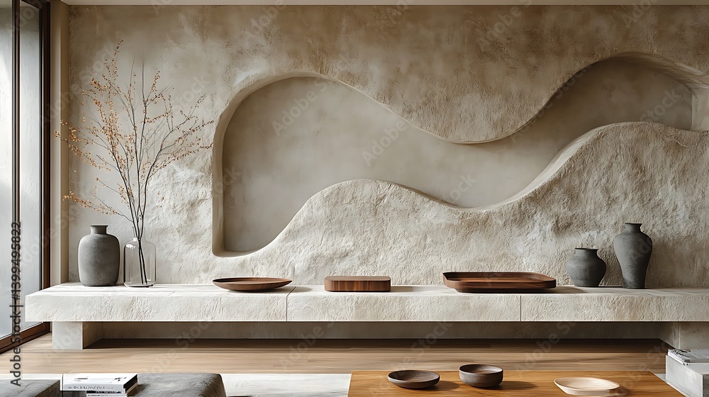 Minimalist Interior Design with Sculptural Wall, Natural Elements, and Wooden Accents for Tranquil Home Decor.