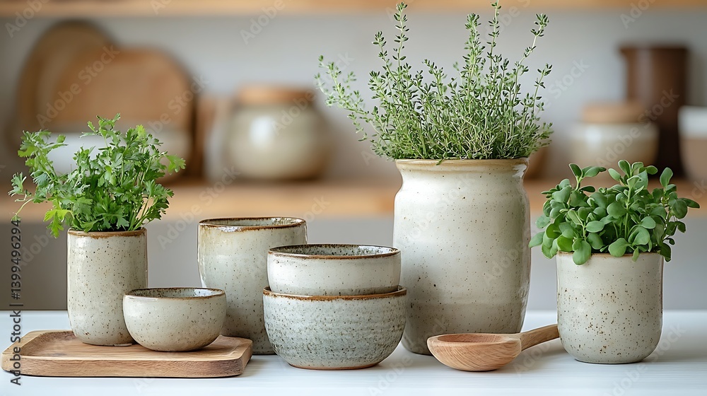 Minimalist Kitchen Still Life: Ceramic Vases, Bowls, Plants, and Wooden Spoon for Rustic Home Decor Inspiration.