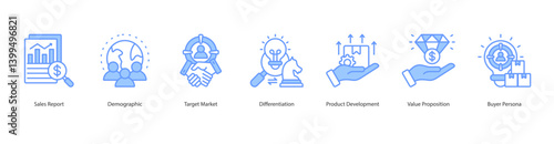 Target Market Selection icon sheet style outline vector sales report, demographic, target market, differentiation, product development, value proposition, buyer persona