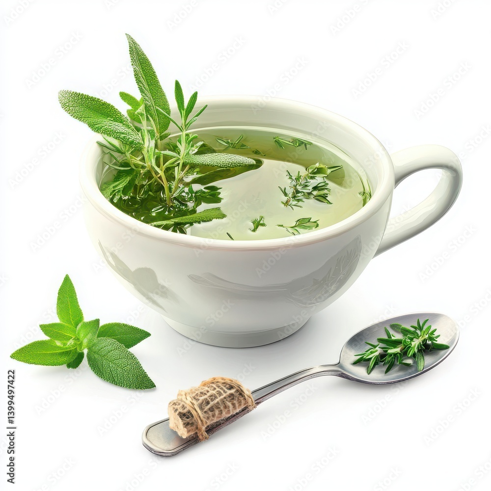 White background showcasing warm soup, green herbs, eating spoon. White background showcasing warm soup, green herbs, eating spoon.
