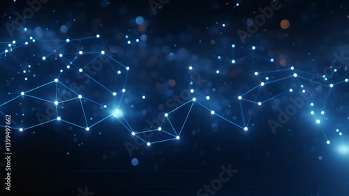 Connection, internet and dots with lines for worldwide communication, cyber space or tech evolution. Futuristic, global network and digital transformation for neon metaverse, big data or information