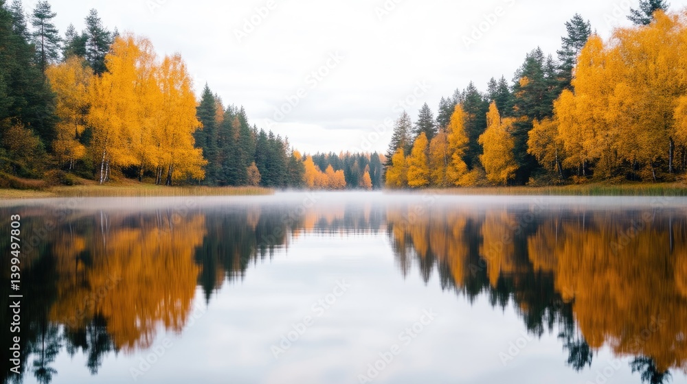 Autumnal lake scenery. Golden foliage mirrored in calm water. Misty morning Autumnal lake scenery. Golden foliage mirrored in calm water. Misty morning