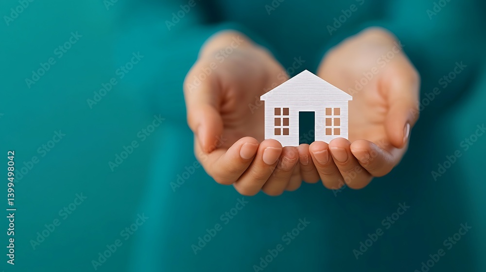 Model house held in open hands, representing security, investment, and future aspirations on a vibrant teal background.