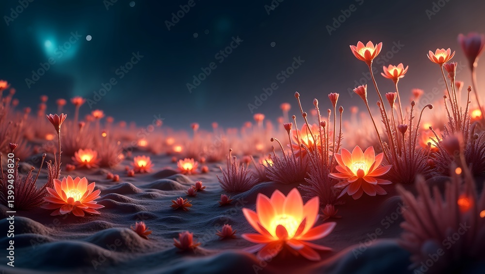 Obraz premium Glowing Lotus Flowers Field Night Bloom Fantasy Landscape