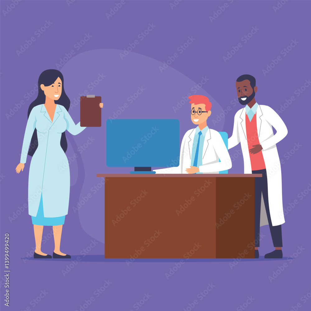 Three healthcare providers gathered in office. Asian woman doctor holding clipboard while two men seated and engaged in conversation about patient care