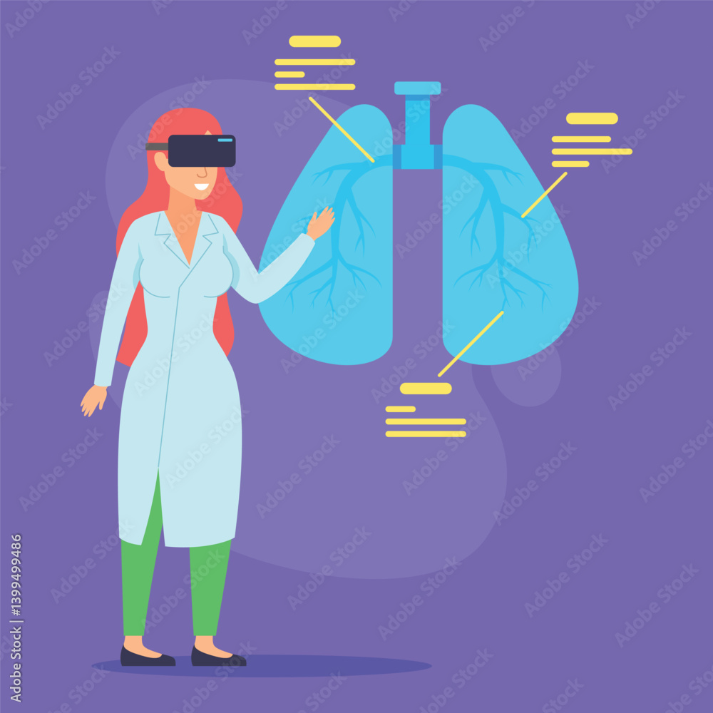 Doctor engaged in educational session using virtual reality technology to study anatomy of lungs. Lungs highlighted with data points for interactive learning