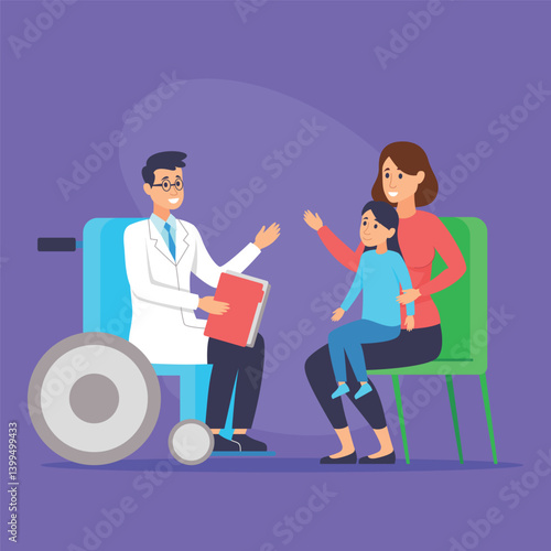 Doctor in wheelchair engaging with young patient and her parent. Interaction showcasing friendly atmosphere in medical environment. They discussing health concerns