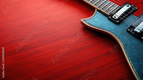 Sleek electric guitar, with vibrant red woodgrain background. Stylish instrument for music and artistic expression