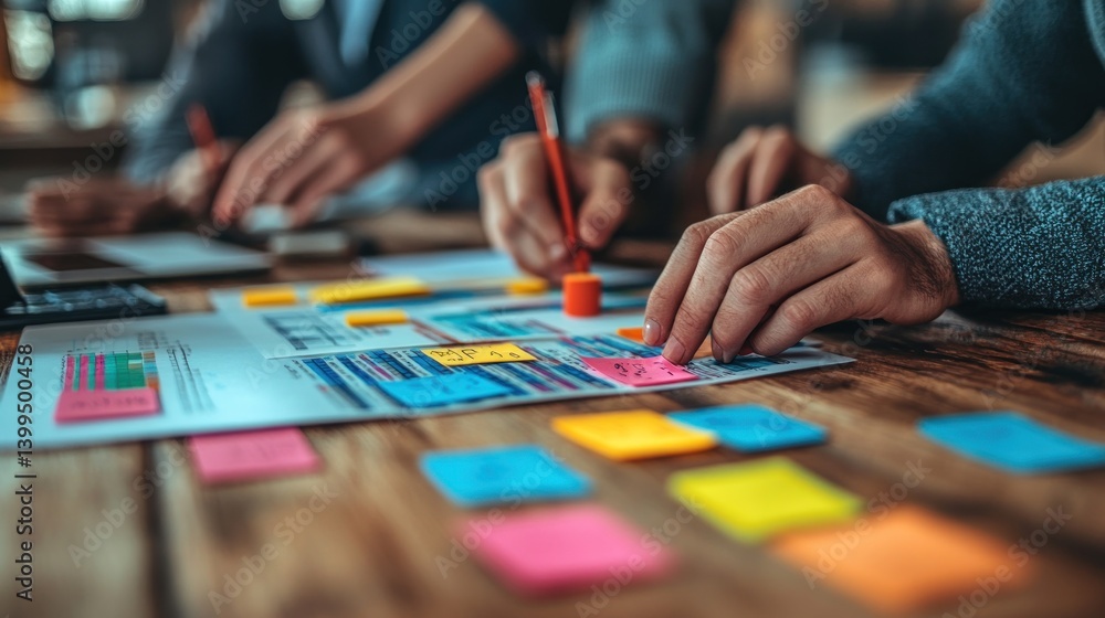 Fototapeta premium Office team brainstorming with sticky notes on documents