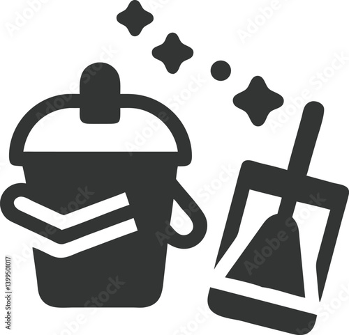 Shiny Bucket with Stars and Dustpan Icon on Transparent Background