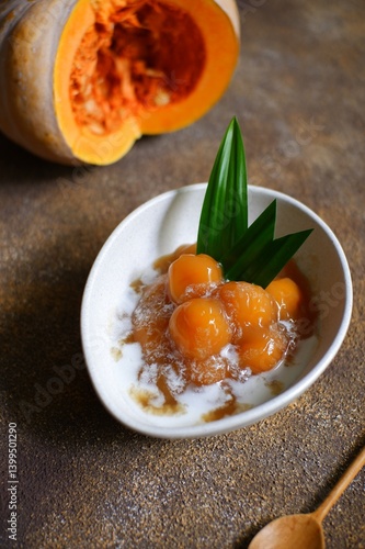pumpkin glutinous rice balls porridge or bubur candil labu in a bowl