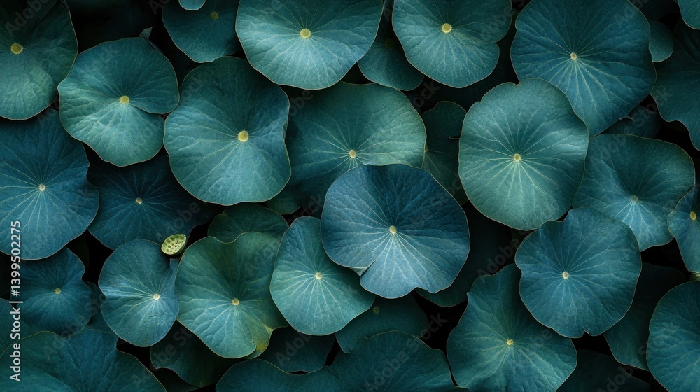 Dark green lotus leaves clustered, sunlight dappled, pond background, nature texture