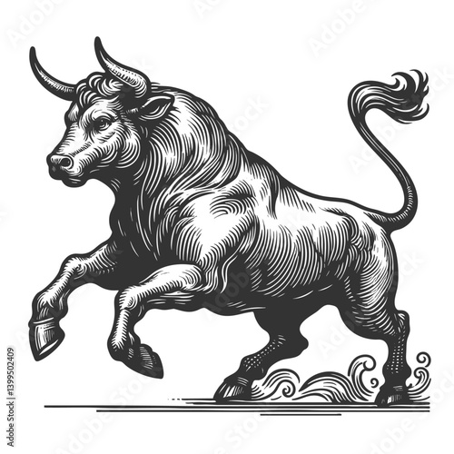 muscular bull in mid-charge, capturing strength, aggression, and motion in a bold style sketch engraving generative ai vector illustration. Scratch board imitation. Black and white image.