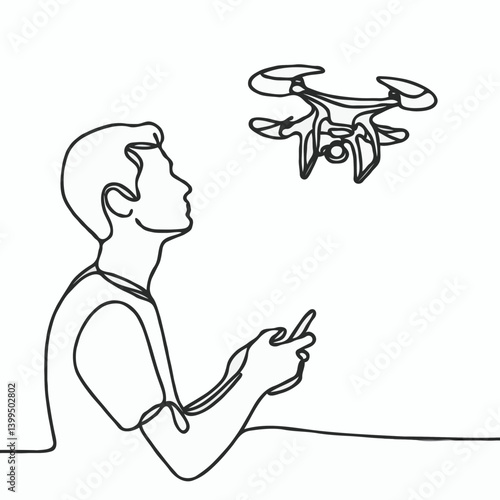 Man flying drone with remote in line art style